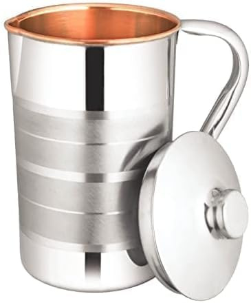 Glassique Brocca in rame puro con coperchio, grande rame massiccio, in acciaio inox esterno in rame, capacità 1600 ml, caraffa in rame per casa, hotel e regali