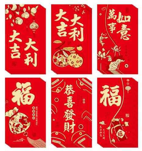 36 Stück Chinesische Neujahr Rote Umschläge in 6 Designs, 9 x 17 cm Hong Bao Geldumschläge Lai See Glückskuverts für Frühlingsfest, Mondneujahr, Hochzeiten, Geburtstage u.v.m.