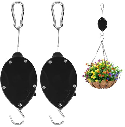 Hapivida 2 Pcs Hanging Basket Pulley, 25kg Capacity Retractable Plant Pulley Heavy Duty Adjustable Plant Hanger Flower Basket Hook Max length 160cm for Garden Hanging Baskets, Birds Feeder