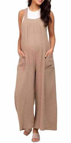 FEOYA Overol Premamá de Pierna Ancha Mono Sin Mangas con Peto Ajustable Pantalones Largos Holgados para Verano Talla M Caqui