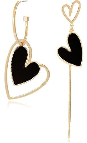 XUZOPIM Boucles D'Oreilles Pendantes En Forme De Cœur Femme Boucles D'Oreilles Asymétriques Noir Alliage Cœur Saint Valentin Anniversaire Cadeau