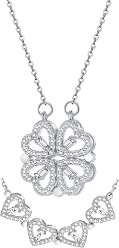 BVCERLINE Collar de trébol de cuatro hojas de plata de ley 925, collar de corazón con imán en forma de corazón y colgante convertible de trébol de cuatro hojas, 2 vías, moda de graduación para mujer