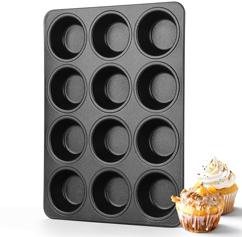 Herogo 12-Cup Nonstick Muffin Pan Tin for Baking, Black | Metal Nonstick Cupcake Tray Set for Making Egg Quiches, Mini Brownie, Easy to Clean & Quick Release, Oven & Dishwasher Safe