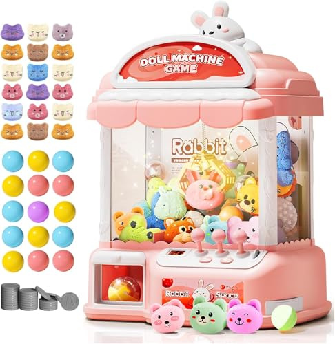 Máquina de Garras Grande para Niños, 30 Juguetes, 24 Monedas, 20 Gacha | Consola de Juegos Arcade Electrónica con LED y Sonido Ajustable, Regalo de Cumpleaños Infantil, Rosa