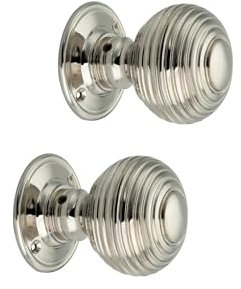 Infinity Decor Pair of Solid Brass Beehive Mortice Door Knobs in Polished Nickel Finish - 60mm Round Pull Handles for Internal and External Doors