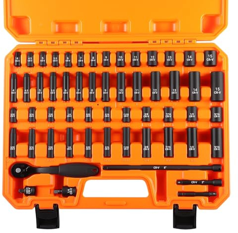 Pamatio 1/4 Drive Impact Socket Set,56 PCS Deep Impact Socket Set, 8mm - 24mm, Metric, 6 Point, CR-V Steel Socket Set, with 1/4 Drive Ratchet Handle, 3 8 Drive Extension Bar