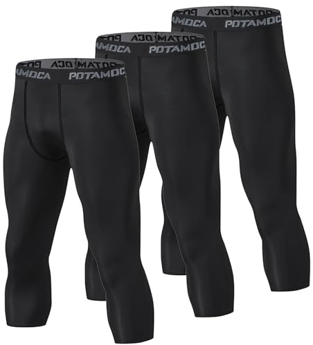POTAMOCA 3 Pack Men's 3/4 Compression Pants, Cool Dry Workout Athletic Leggings, Running Tights Capri Yoga Football Gym Base Layer Underwear, Black Medium