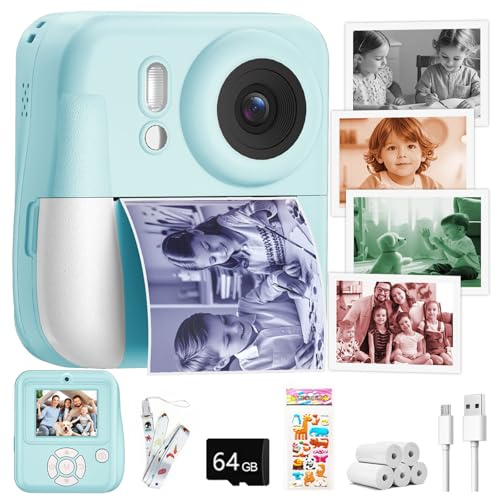 Kids Camera Instant Print Color Photos, Dual-Lens Instant Print Camera for Kids, Toddler Portable Travel Digital Camera Toy for 6 7 8 Year Old Boys Girls Christmas Birthday Gifts 64GB Card