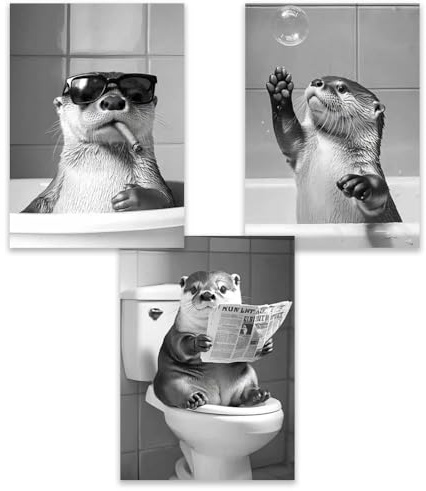3 Laminas Animales Baño 30X40CM Cuadros WC de Decorativos Nutria Poster Gracioso Para Baño Lienzo Animales Blanco y Negro Poster WC Cuadros Decorativos Graciosos sin Marco