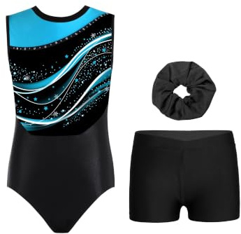 Yruioon Mädchen Turnanzug Glitzer Gymnastikanzug Ärmellos Gymnastik Leotard mit kurze Hose Haarband Turntrikot Wettbewerb Tanzkostüm