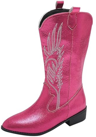 Cowboy Boots, Mid Calf Cowboy Boots for Women Waterproof Embroidery Stitched Western Retro Wide Calf Cowgirl Boot Low Chunky Heel Pointed Toe Shoes Hot Pink