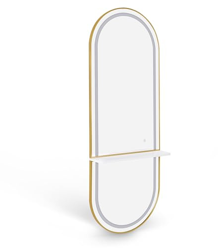 Barberpub Miroir Mural avec éclairage, Niveau Complet du Corps avec Cadre en Aluminium, Grand Miroir avec Interrupteur Tactile, 3 Couleurs légères dimmables, 17x65x177 cm, J6270(Blanc-Or)