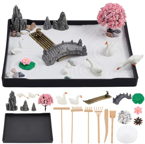 WEBEEDY Mini Meditation Zen Garden Kit for Desk Decor, Mini Desktop Sand Tray Kit Japanese Tabletop Rock Sand Garden for Home Office Calming & Relaxing Birthday Gift, 21x15.7 cm