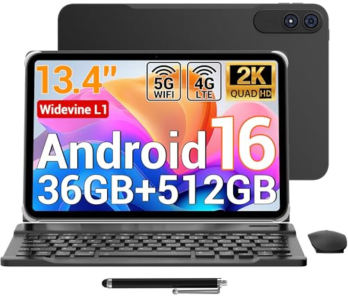 LORDWIT Tablet 13,4 Zoll Android 16, 120Hz Display, 36GB RAM + 512GB ROM/1TB TF, 4G LTE Dual SIM, 2.2GHz Gaming, 5G WiFi, Widevine L1/GPS/11580mAh/13MP, inkl. Tastatur/Hülle/Stift/Maus/Kopfhörer/OTG