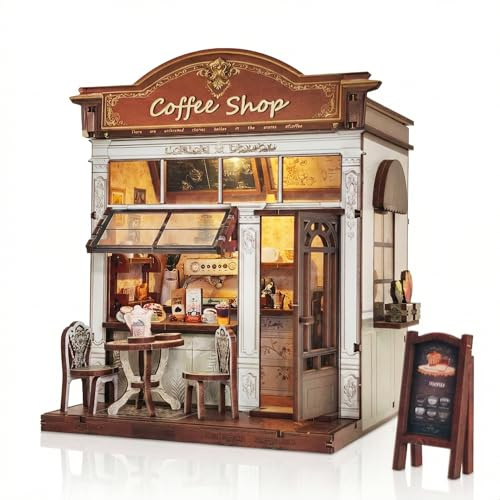 KOLOTESAME Coffee Shop Book Nook Kit, DIY Miniature House 3D Wooden Puzzle with LED Light, Bookshelf Insert Decor Tiny Dollhouse Building Kit for Adults & Teens, Creative Hobby Gift for Book Lovers