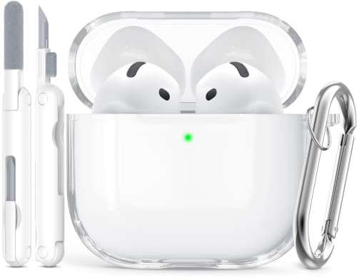 Inesore Compatible with AirPods 4 Hülle, Transparent White | Shockproof TPU Clear Case for Daily Drop Protection, Includes Cleaning Kit, with Keyring, Lanyard