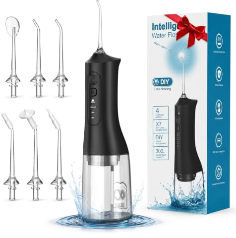 Water Flosser, Rechargeable 300ML IPX7 Waterproof Cordless Portable Oral Irrigator with 4 Modes & 6 Replaceable Jet Tips-Professional Flossing Cleaner for Daily Home Use,Travel,Gums,Braces Care-Black