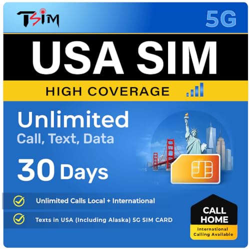 TSIM USA SIM-Karte 30 Tage mit Anrufen nach Hause | Hohe Netzabdeckung | Unbegrenzte Daten im AT&T-Netz | Unbegrenzte lokale + Internationale Anrufe/SMS in den USA (inkl. Alaska) 5G-SIM-Karte