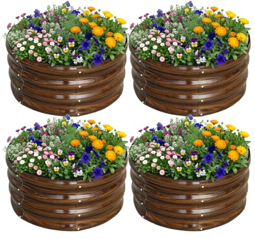 SnugNiture Round Raised Garden Bed,4Pcs 60x60x30CM | Metal Planter Box ,for Vegetables, Flowers & Herbs, Brown