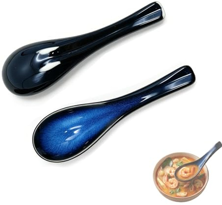 Suppenlöffel Set, Ramen Löffel & Reislöffel aus Keramik - Asiatische Essbesteck für Ramen, Pho, Wonton, Miso-Suppe, Getreide & Eintöpfe, 2-teilig