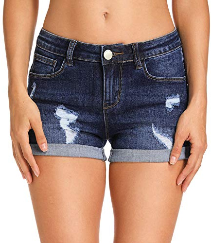 Hocaies Dam jeansshorts basic i åldrande tvätt jeans bermudashorts korta byxor av denim för kvinnor hög midja denim korta byxor med tofs ribbade hål hotpants shorts, 03 Mörkblå, 30