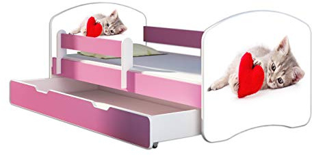ACMA Kinderbett 80 x 180 cm mit Bettkasten, Matratze & Lattenrost – Jugendbett mit Rausfallschutz, personalisiertes Motiv 40 Pony Katze mit Herz - Rosa, Mädchenbett ab 3 Jahren, belastbar bis 120 kg