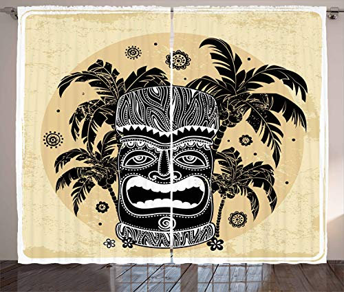 ABAKUHAUS Tiki Bar Rustikaler Vorhang, Maske Palm Verziert, Wohnzimmer Universalband Gardinen mit Schlaufen und Haken, 280 x 245 cm, Weiß Braun