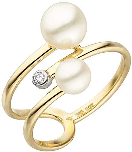 Jobo Damen-Ring aus 14 Karat 585 Gold mit Diamant und 2 Perlen Größe 54