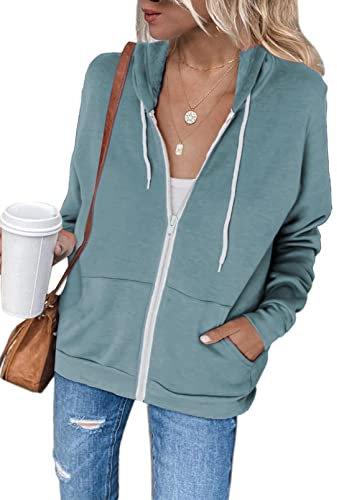 Maavoki Sweatjacke Damen mit Kapuze Einfarbig Damen Kapuzenjacke Full Zip Hoodie Sweatshirt Jacke für Damen, hellblau XXL