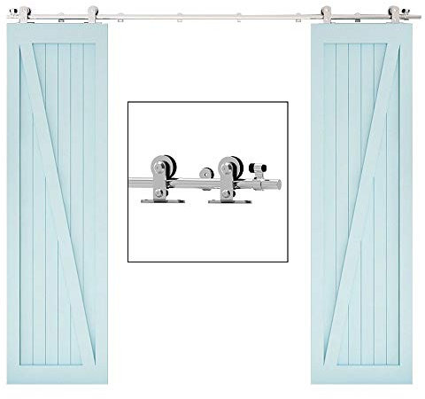 TSMST 6FT/183cm Herraje para Puerta Corredera Kit de Acero Inoxidable Accesorios para Puertas Correderas, Riel Juego para Puerta de Madera Doble-Estilo T