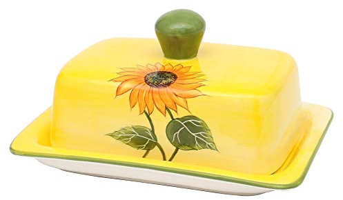 Dekohelden24 Dolomite Butterdose/Butterbehälter-Sonnenblume-in gelb/grün. Größe ca. 17 x 13 x 9,4 cm, 9,4 cm