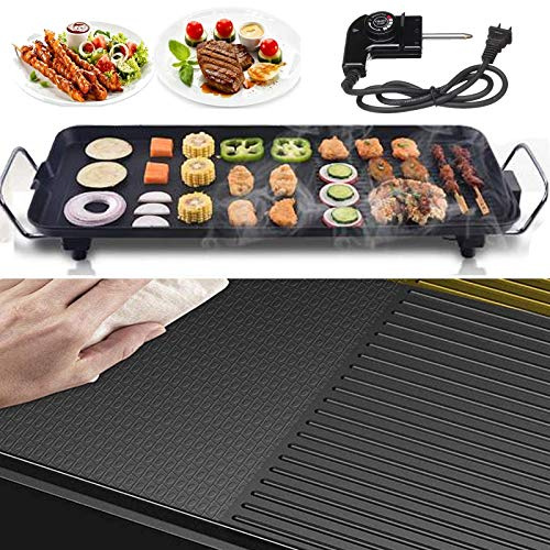 1500W Electric Teppanyaki Grill Tabletop Hot Griddle for Kitchen Dinner Party Camping Festival Cooking, Multipurpose Electric Smoke- free BBQ Grill with 5 Levels Control, Honeycomb / Stripe Surface