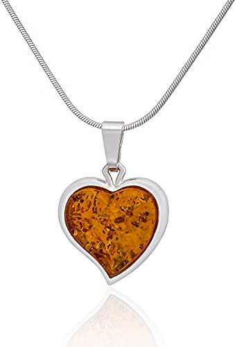AMBEDORA Collier Femme Argent Sterling Finition Argent Brillant avec Nanorevêtement Protecteur Coeur Ambre Baltique Pendentif Ambre Coeur Taille M sur une Chaîne Prêt pour un Cadeau, Argent sterling,