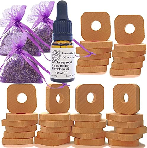 STAFECO Moth Repellent for Wardrobes and drawers carpets Lavender Bags Natural 100% Natural Alternative To Moth Balls 24 Wood Rings (Beech wood) with Oil