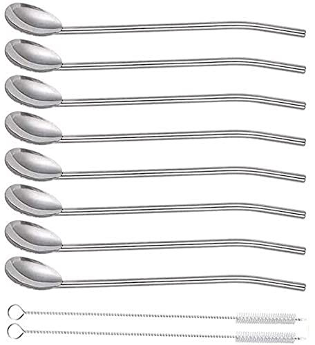 Edelstahl Trinkhalme & Löffel Set, 8er, Silber, 2 in 1, Spülmaschinengeeignet, Wiederverwendbar, Ideal für Latte Macchiato & Cocktails, 10-teilig