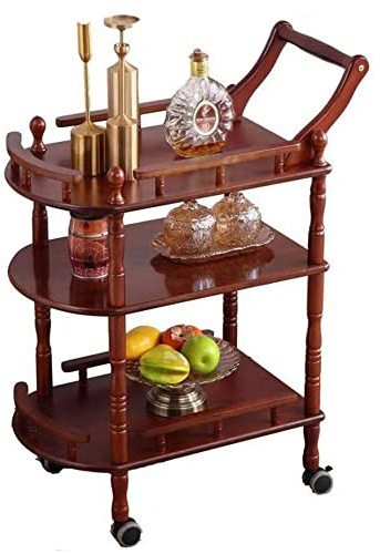 Wiz Conal Entertainment Kitchen Cart, Midcentury Modern Imported rubberwood Brown Finished Wood 3-Tier Mobile Bar Cart Serving Cart