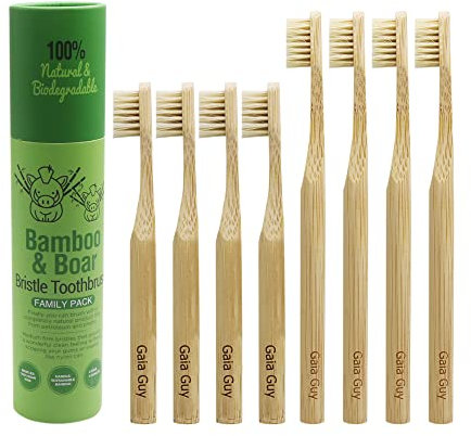 Gaia Guy Natural Bristle Bamboo Toothbrush Family Pack (NO Nylon - Boar Hair ONLY) - Totally Compostable & Biodegradable Boar Bristle and Bamboo Toothbrushes - Zero Waste - 4 Kids and 4 Adults