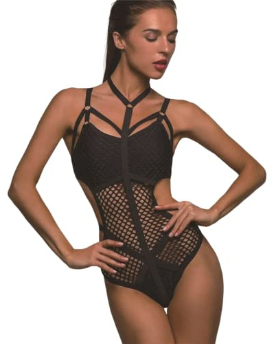 AYJMA Netz-Body Ausgeschnitten Halter-Bandage-Bodysuit Damen Rückenfreier Sexy Bodysuit Body Femme,Schwarz,S
