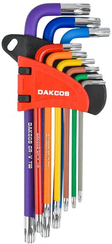 DAKCOS 9 Piece Torx Key Set, T10-T50 Star Wrench Key Set, Torx End Set with Holes, L-Key Set with Color Coding