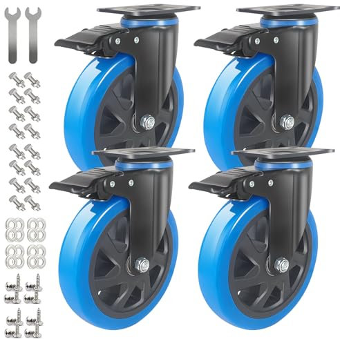 IQWTU 150MM Heavy Duty Castor Wheels Furniture Castors with Brakes, Double Bearing PU Trolley Wheels Rubber Swivel Castor, 4 Industrial Plate Casters Capacity 900KG