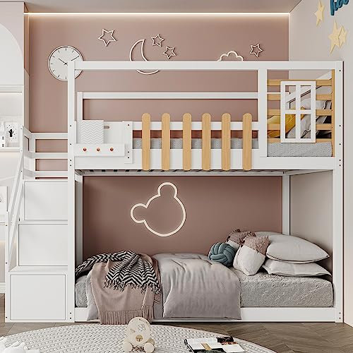 Idemon Letto a castello con scale, finestra e scaffalatura, telaio in legno di pino massiccio, culla con 3 armadietti nelle scale, con griglia anticaduta, bianco, 90 x 200 cm