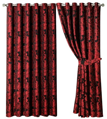 OpulentDreams Jacquard Curtains - Heavy Ring Top Window Curtains for Bedroom & Living Room - Fully Lined - Includes Two Tie Backs - Pair of Panels (Red - Eyelet, 66 x 72 (167 x 183 cm))