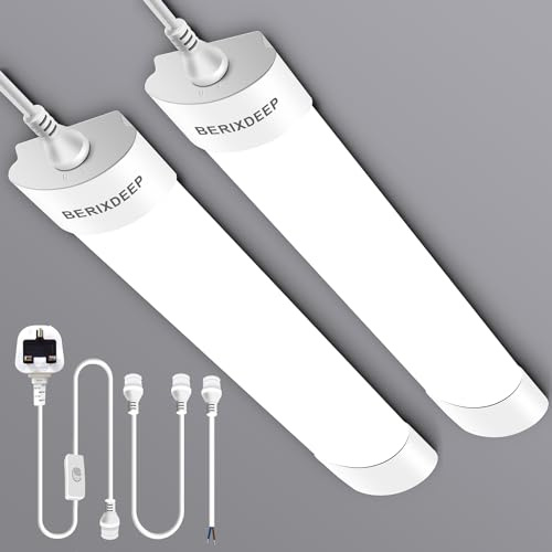 BERIXDEEP 4ft LED Batten Lights 2 Pack, Plug and Play, 3m Cable, 6500K | Daylight Plug in Strip Lights with Switch, 1.2m Interconnectable Cable, 36w, IP65 Waterproof, Garage, Ceiling, Workshop,