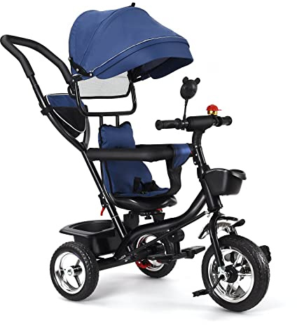 Baby-Dreirad, skalierbar, 4-in-1, skalierbares Baby-Dreirad mit verstellbarem Schiebegriff, Gehstock, Glocke und Rückspiegel, Sicherheitsgeschirr von 9 Monaten bis 5 Jahren, Babyfahrrad für Kinder
