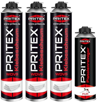 PRITEX – WDVS Klebeschaum Set 3 x 750 ml inkl. Reiniger zum Isolieren, Fixieren & Befestigen – Pistolenschaum Dämmstoffkleber mit sehr guter Haftung, niedrigem Aushärtedruck & geringer Nachdehnung