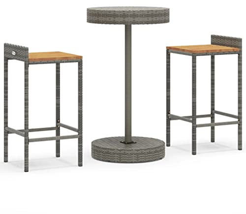 Makastle 3-teilig Gartenbar Set, Garten Sitzgruppe Essgruppe Stehtisch Barstühlen Gartenmöbel, Bartisch mit Barhocker Set für Garten Rasen, Grau Poly Rattan & Massivholz Akazie