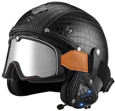 Casco Jet Moto con Bluetooth,Casco In Pelle,Casco Scodella Moto Casco Caschi Cromwell Con Occhiali Retrò Jet E Demi-Jet Casco Per Uomo Donna 10,S