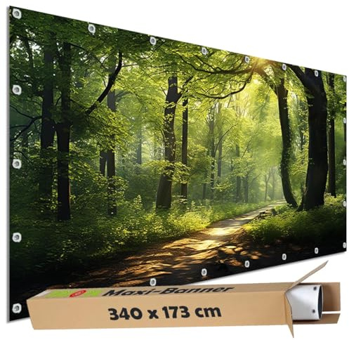 TRIOSK Große Motivplane Sichtschutz Zaunblende mit Motiv Waldpfad Wald Sonnenweg Motivbanner Garten Deko Plane Blickdicht für Zaun Terrasse Gartenzaun Zaunplane PVC 340x173 cm
