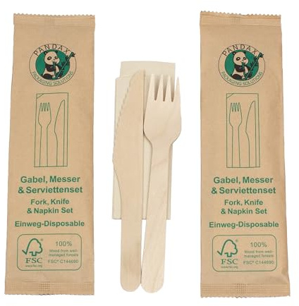 daybays 1000 Stk. Holzbesteck Set mit Servietten als Einzel Verpackt Einweg Holzgabeln Holzmesser Besteck Set Holzgabel Einwegbesteck aus Holz Gabel Messer Wooden Forks Knife (1000)