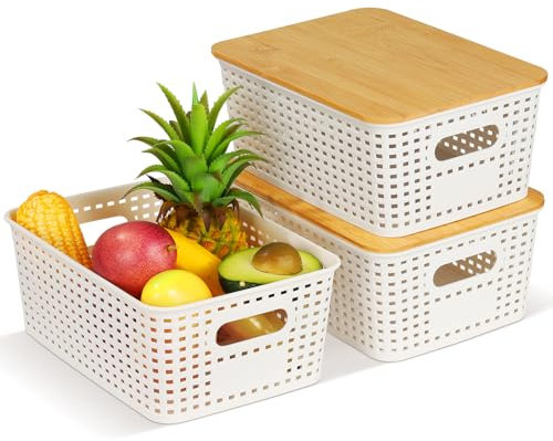Caja de almacenamiento con tapa de bambú, 3 unidades de cesta de plástico, apilable, organizador de baño, caja organizadora de ratán para cocina, dormitorio, armario